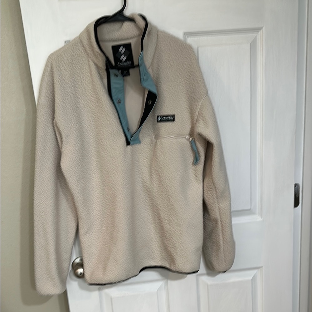 Columbia Beige Fleece Jacket with Blue Trim
